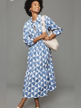 Anthropologie Maeve Bettina Tiered Shirt dress Size 1x  Blue White Midi